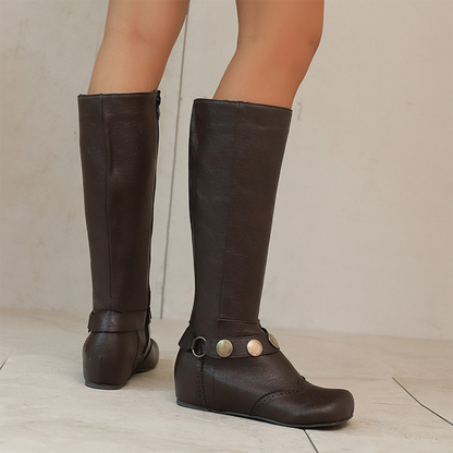 Stylish brown plus size knee-high wedge boots with decorative buttons for a chic look