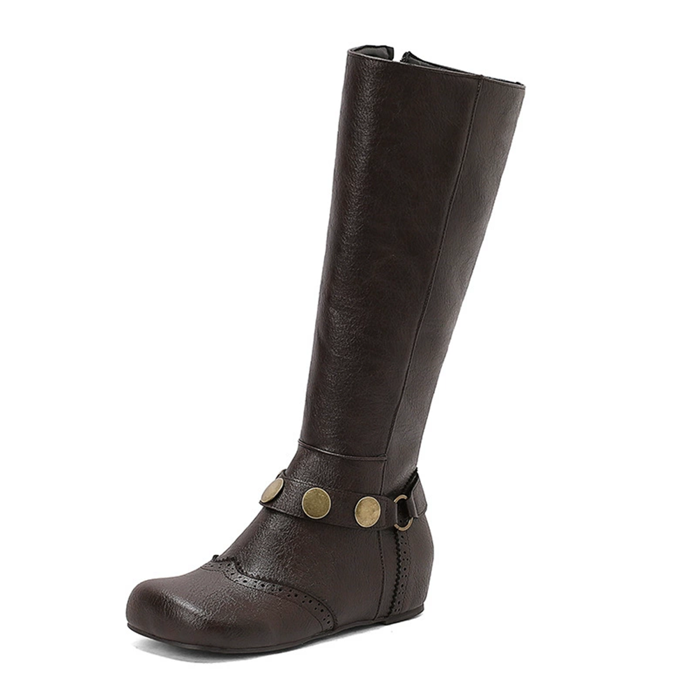 Brown plus size knee-high wedge boots with decorative buckles and stylish design for everyday wear