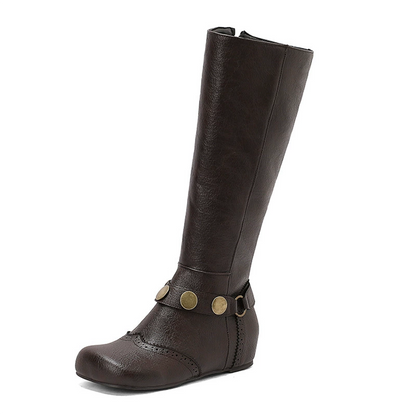 Brown plus size knee-high wedge boots with decorative buckles and stylish design for everyday wear