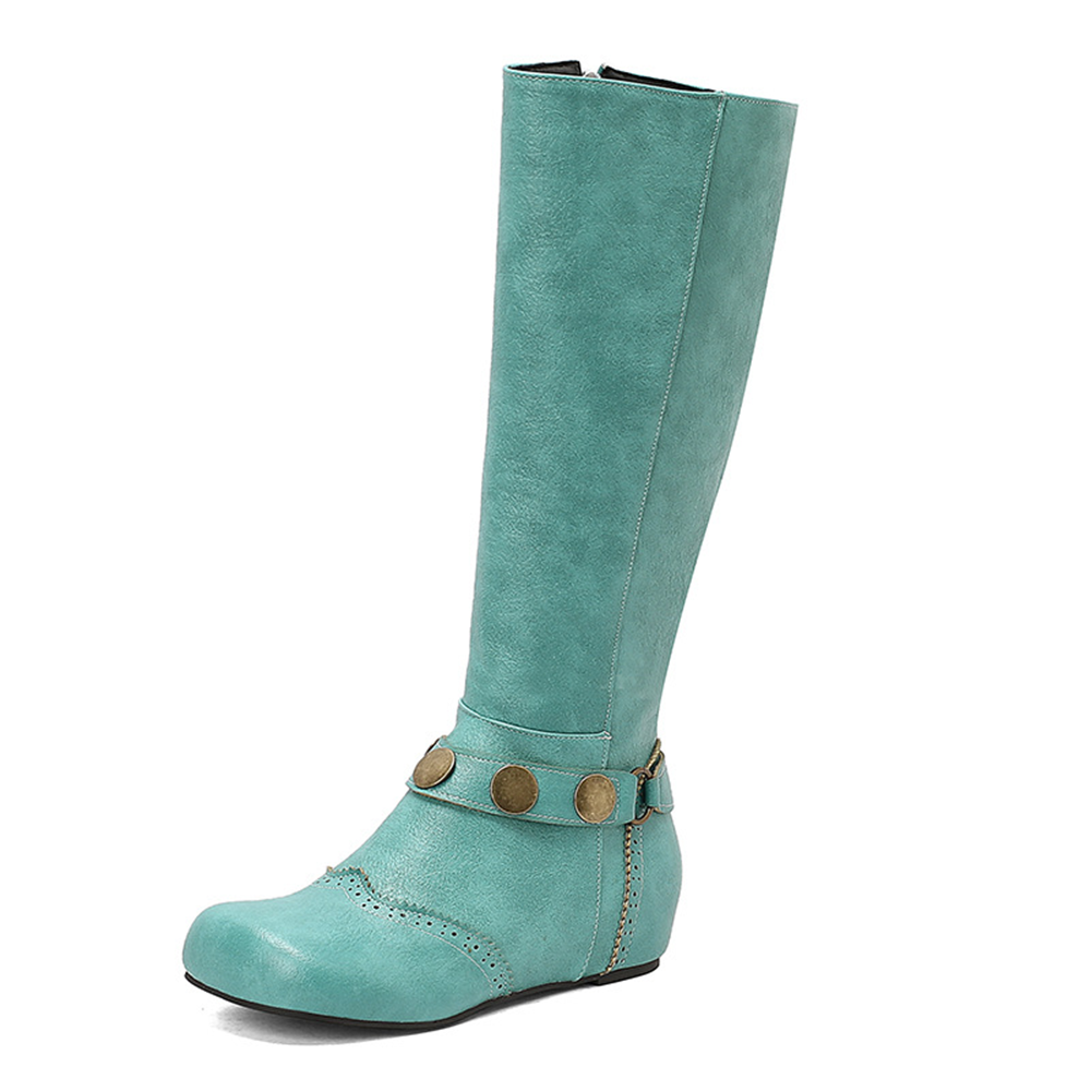 Stylish teal plus size knee-high wedge boots with decorative buttons for fashionable comfort