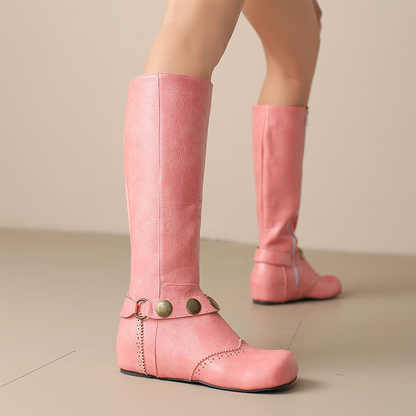 Pink plus size knee-high wedge boots with decorative buttons for stylish comfort