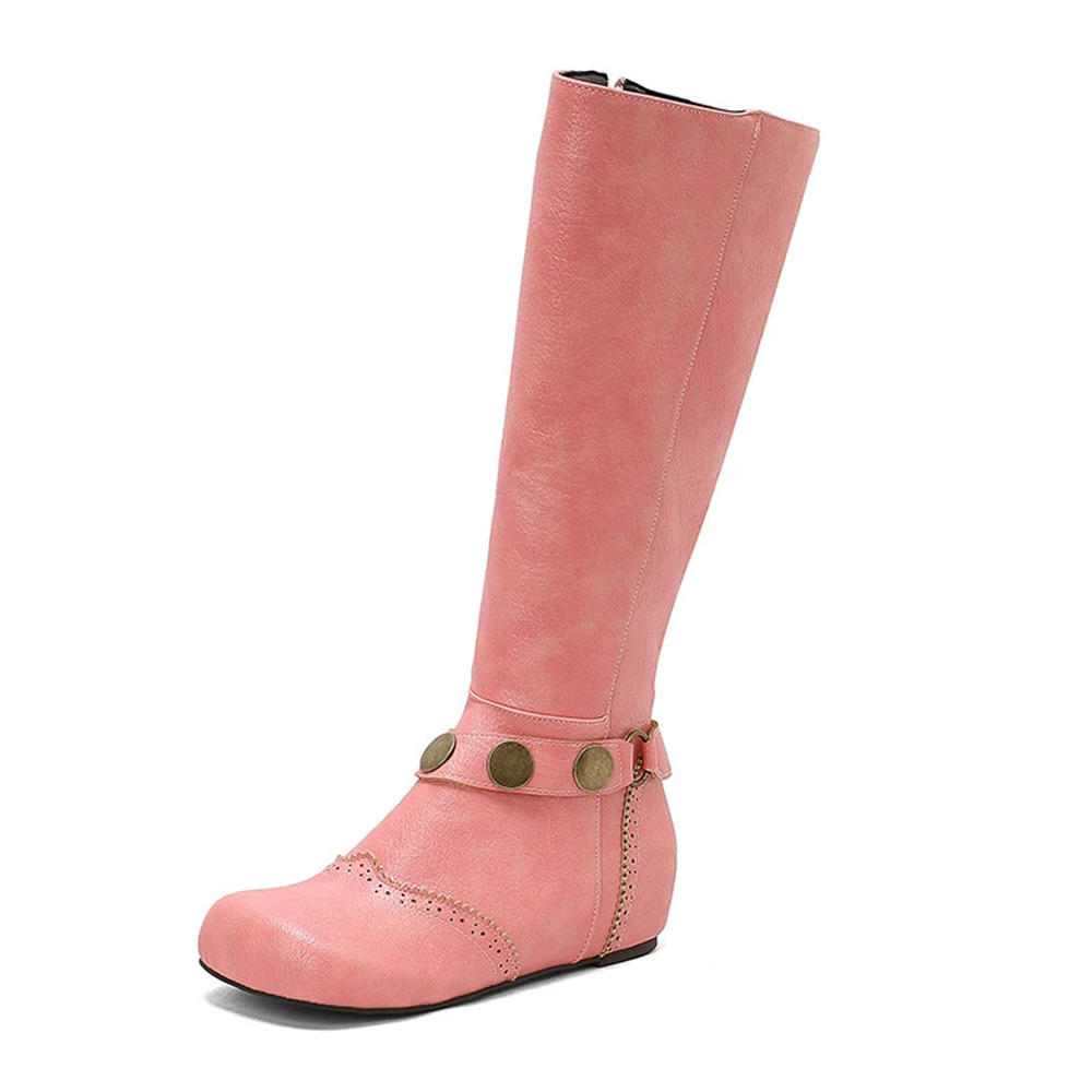 Pink plus size knee-high wedge boots with decorative buttons and stylish design for a chic look