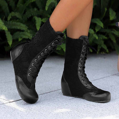 Plus size lace-up wedge ankle boots in black with a stylish design and comfortable fit