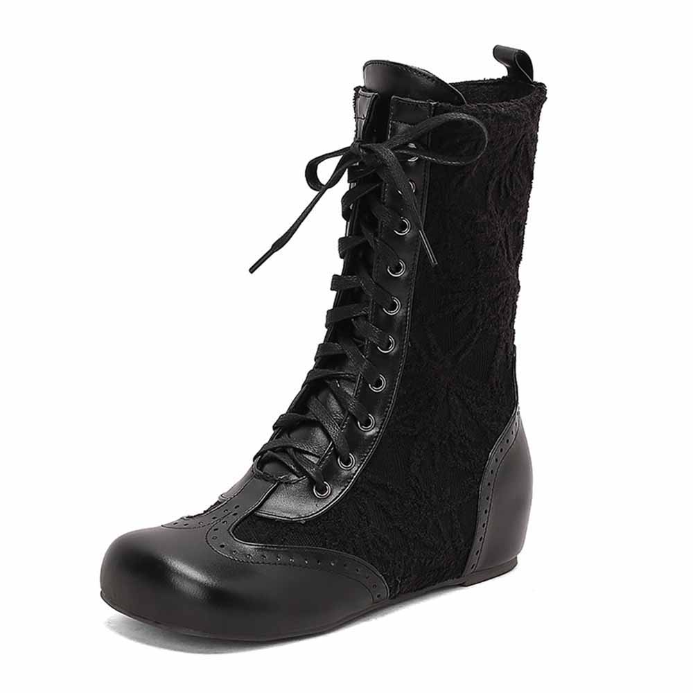 Black plus size lace-up wedge ankle boots with floral texture and stylish design for casual wear