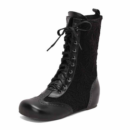 Black plus size lace-up wedge ankle boots with floral texture and stylish design for casual wear