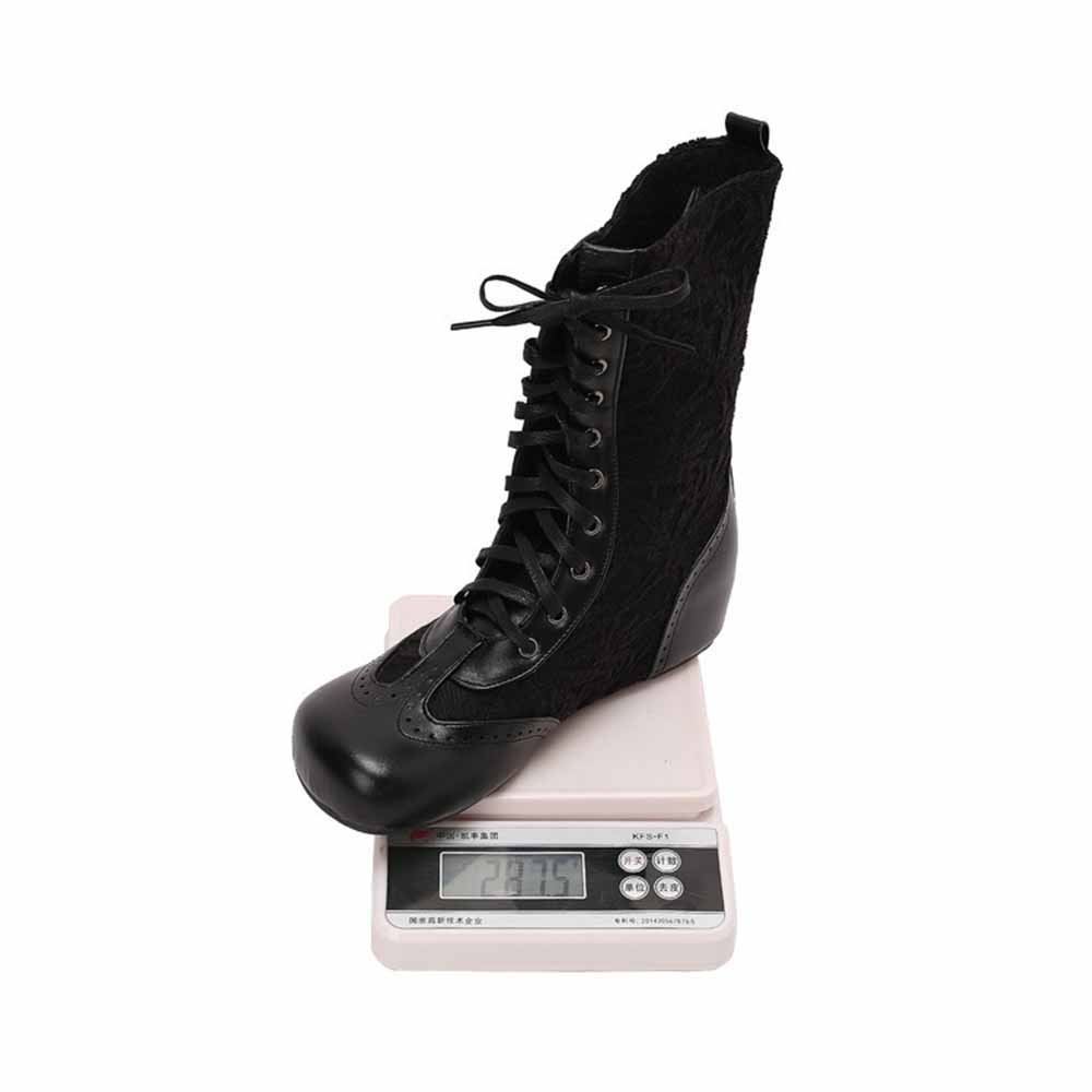 Black plus size lace-up wedge ankle boots displayed on a weight scale for size reference
