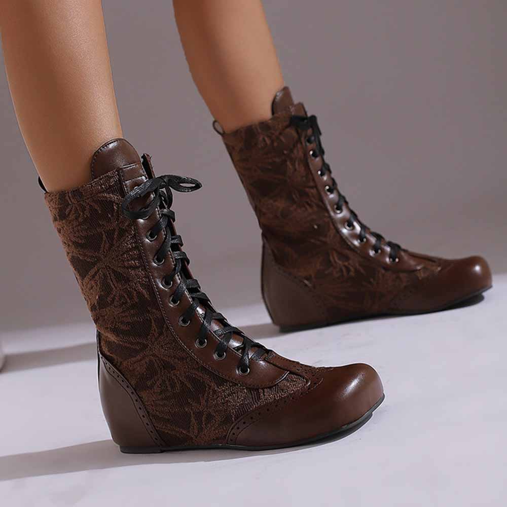 Stylish plus size lace-up wedge ankle boots in brown with decorative floral design