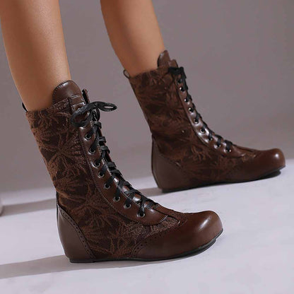 Stylish plus size lace-up wedge ankle boots in brown with decorative floral design
