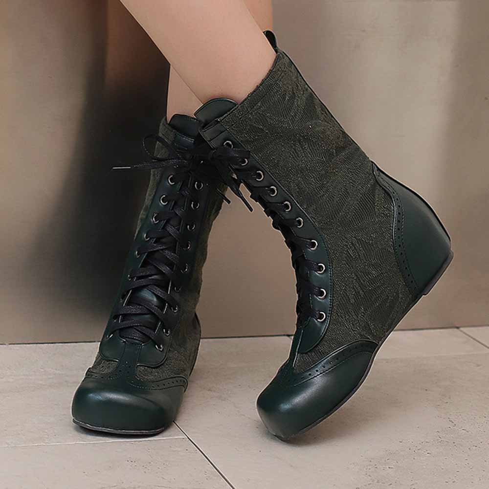 Green plus size lace-up wedge ankle boots with a stylish design for comfortable wear