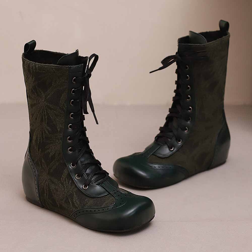 Plus size lace-up wedge ankle boots in dark green with stylish floral pattern and comfortable design