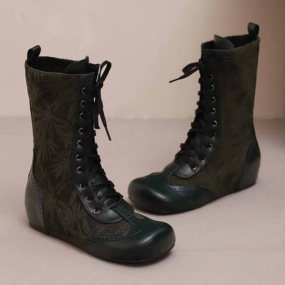Plus size lace-up wedge ankle boots in dark green with stylish floral pattern and comfortable design