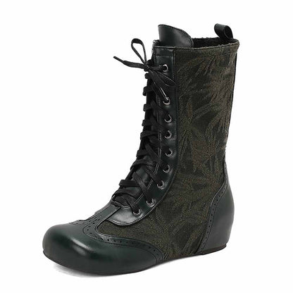 Plus size lace-up wedge ankle boots in dark green with floral pattern and stylish design