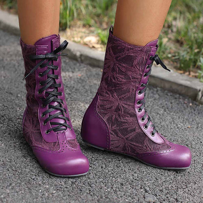 Plus size lace-up wedge ankle boots in purple with stylish floral design for comfortable wear