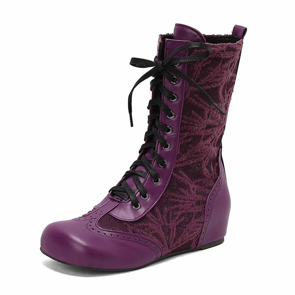Purple plus size lace-up wedge ankle boots with stylish design and comfortable fit