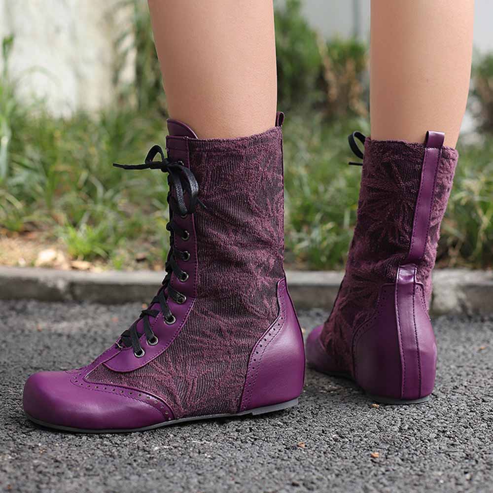 Purple plus size lace-up wedge ankle boots with floral design and durable soles
