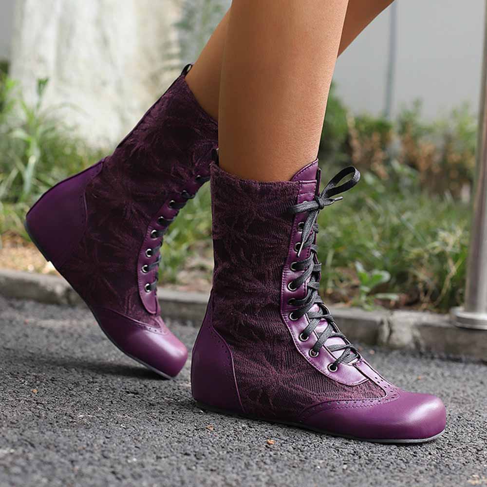 Plus size lace-up wedge ankle boots in purple with stylish design and comfortable fit