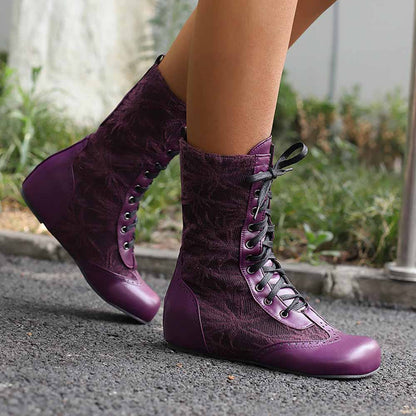 Plus size lace-up wedge ankle boots in purple with stylish design and comfortable fit