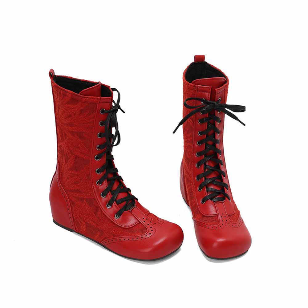 Red plus size lace-up wedge ankle boots with stylish design and comfortable fit
