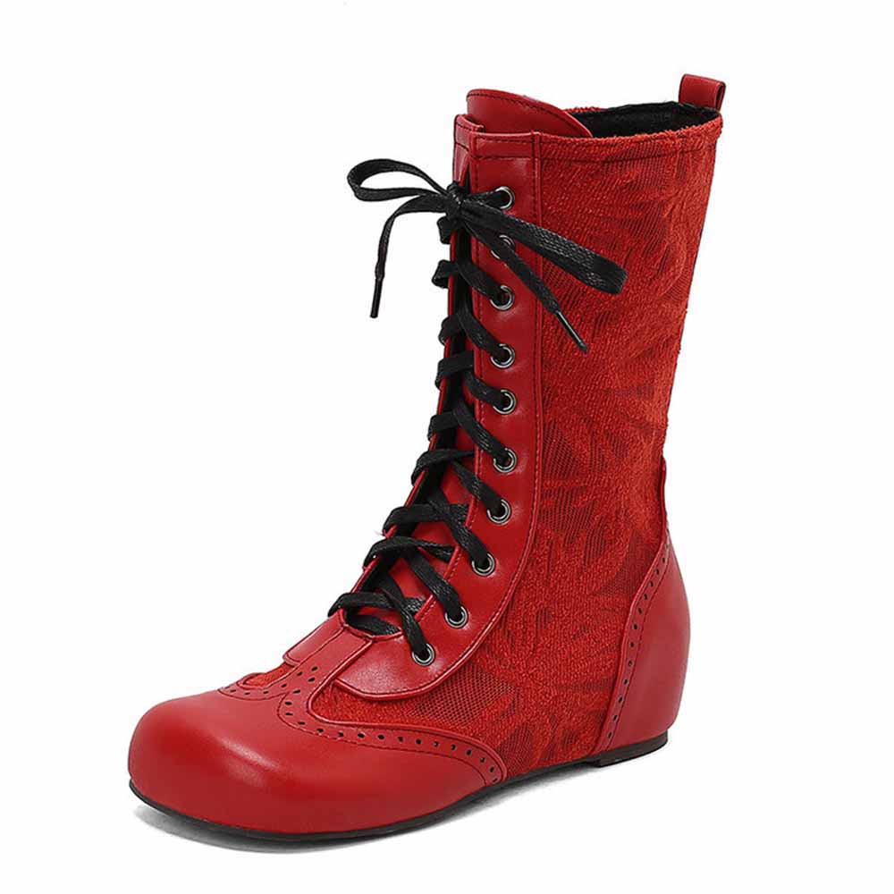 Red plus size lace-up wedge ankle boots with stylish design and comfortable fit for everyday wear