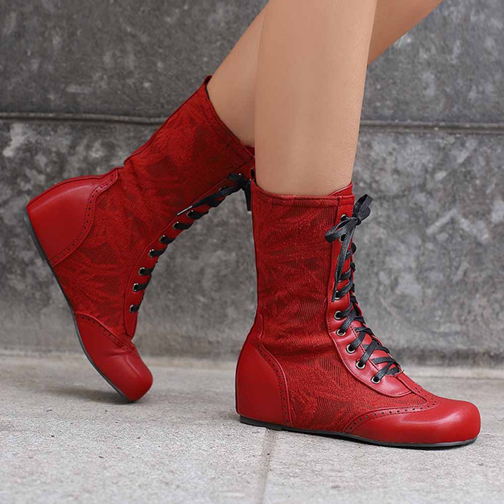 Red plus size lace-up wedge ankle boots with stylish lace detailing for a trendy look