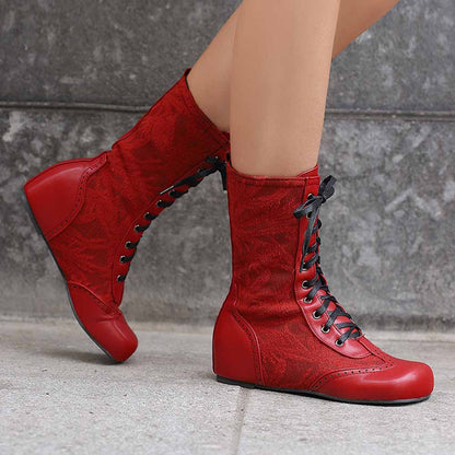 Red plus size lace-up wedge ankle boots with stylish lace detailing for a trendy look