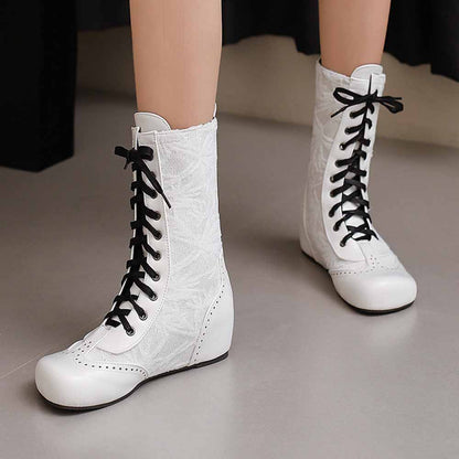 Stylish plus size lace-up wedge ankle boots in white with black laces for comfortable wear