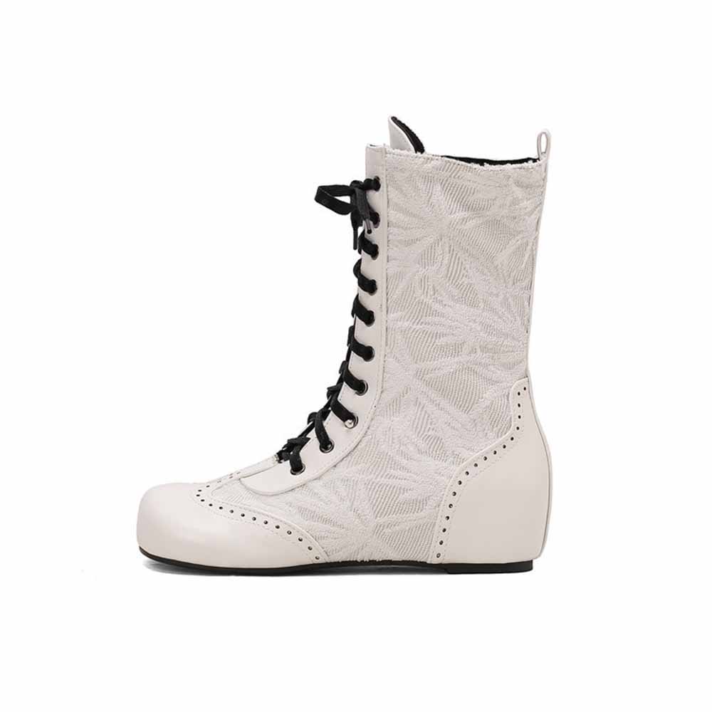 sd-hk plus size lace-up wedge ankle boots in white with intricate lace detailing and black laces