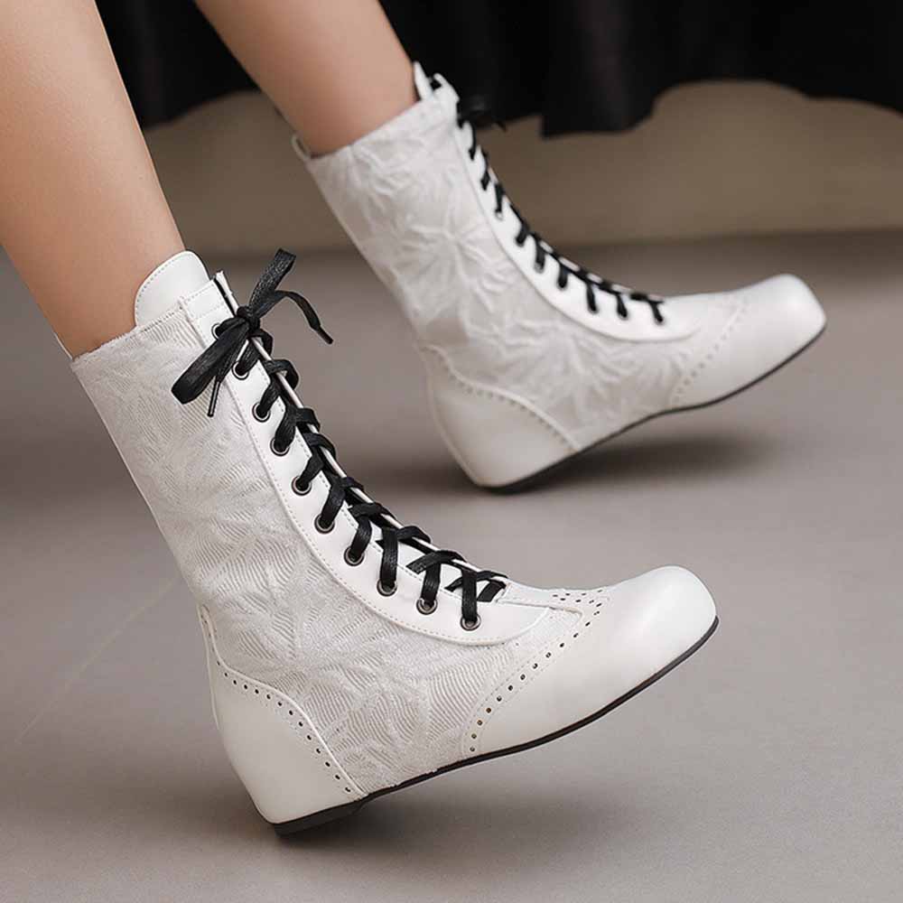 Elegant plus size lace-up wedge ankle boots in white with intricate stitching and lace detailing