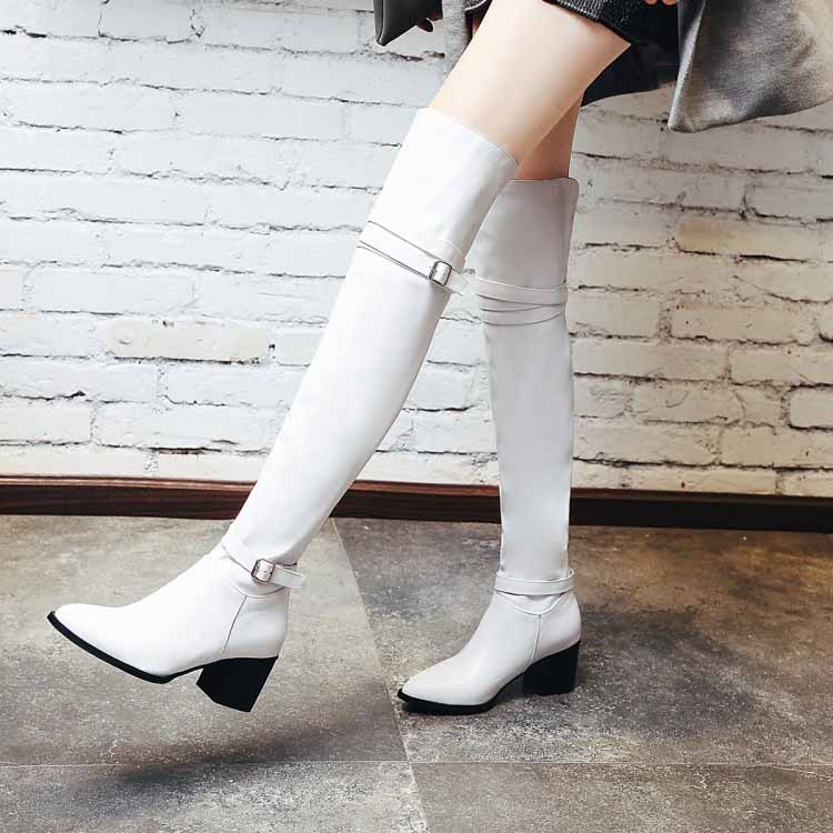 Stylish white plus size over the knee boots for women with modern buckle design and block heel