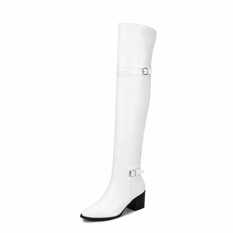 SD-HK Plus Size Over the Knee Boots for Women in White with Stylish Buckle Detail
