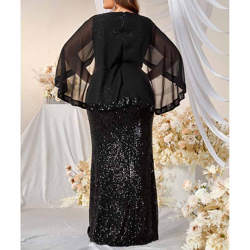 Plus Size Sequined Cape Overlay Prom Dress In Black