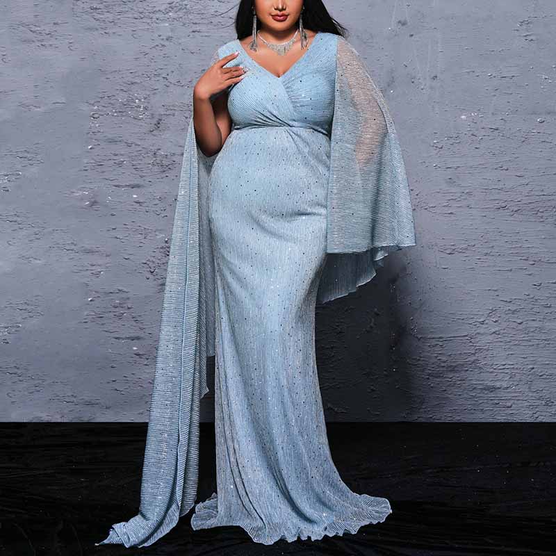 Plus Size Cape Sleeve Prom Dress Dusty Blue V Neck Event Dress