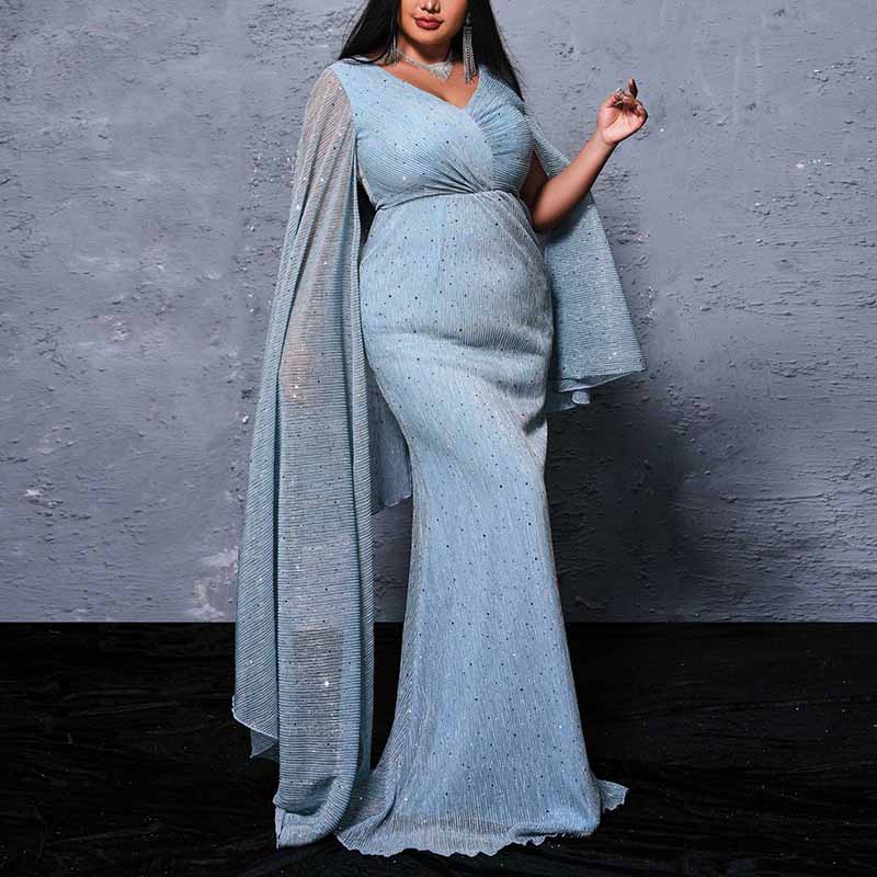 Plus Size Cape Sleeve Prom Dress Dusty Blue V Neck Event Dress