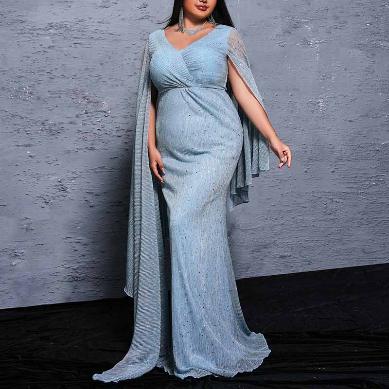 Plus Size Cape Sleeve Prom Dress Dusty Blue V Neck Event Dress