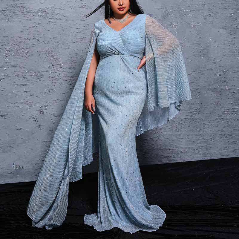 Plus Size Cape Sleeve Prom Dress Dusty Blue V Neck Event Dress