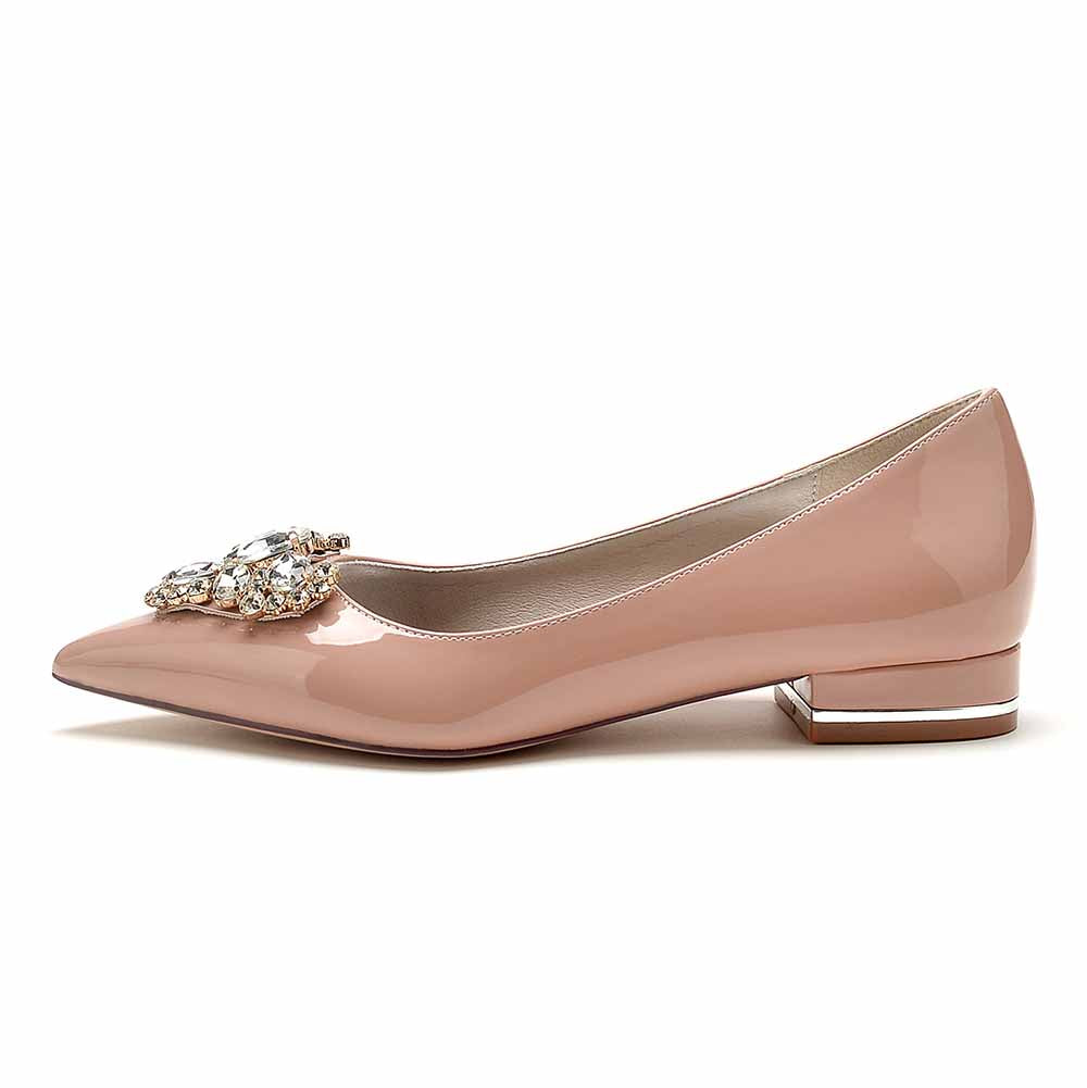 S&DCo. point toe bridal flats in blush pink with a gem embellishment for elegant weddings