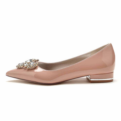 S&DCo. point toe bridal flats in blush pink with a gem embellishment for elegant weddings