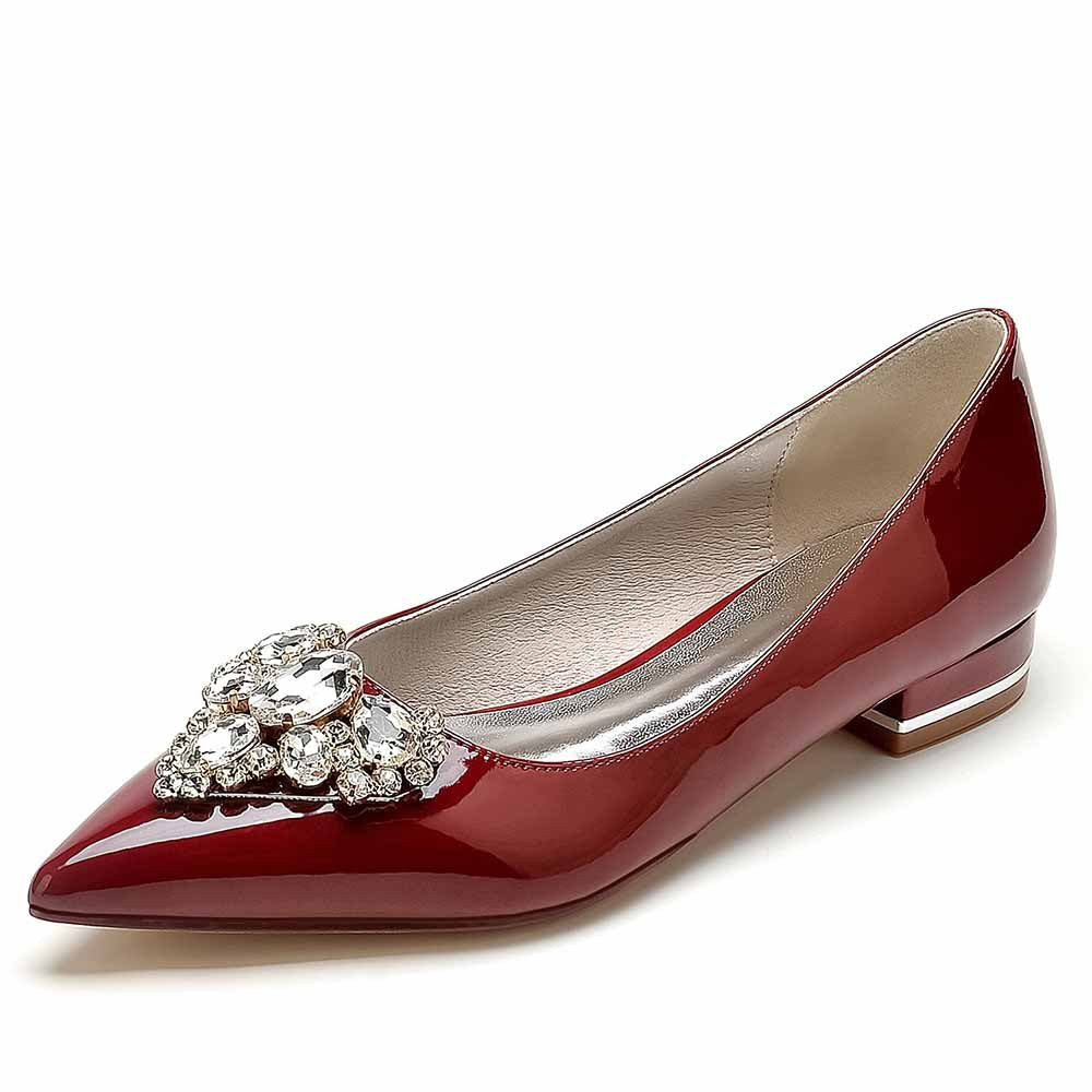 S&DCo. point toe bridal flats in red with a jeweled embellishment for elegant wedding footwear