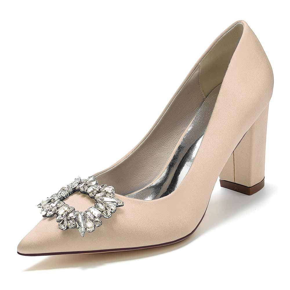 S&DCo. point toe satin wedding shoes in nude with a decorative crystal buckle on the vamp