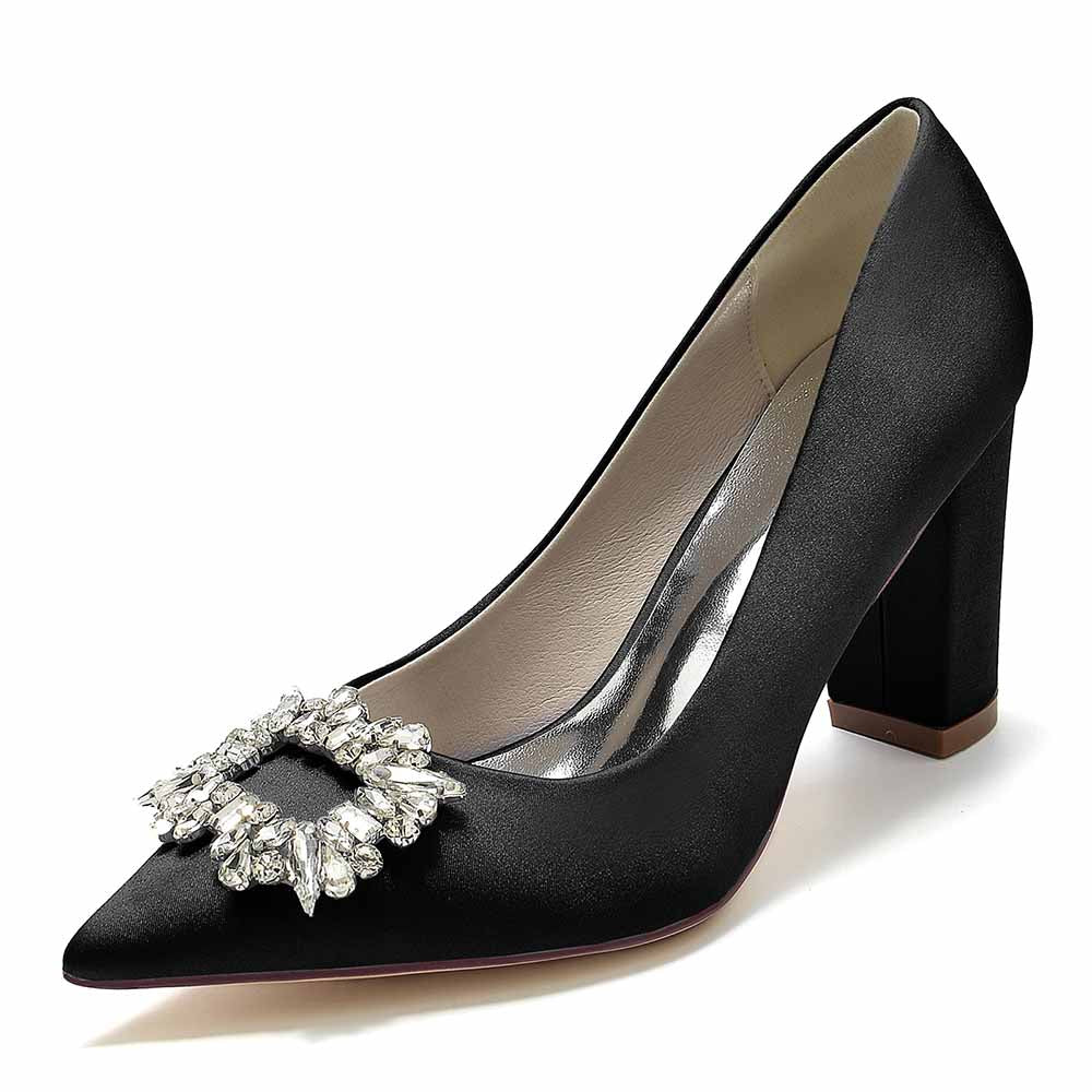 Elegant point toe satin wedding shoes with embellished crystal buckle detail by S&DCo.