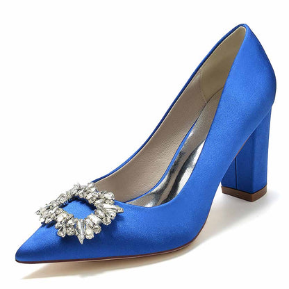 S&DCo. Blue Point Toe Satin Wedding Shoes with Elegant Rhinestone Buckle Detail