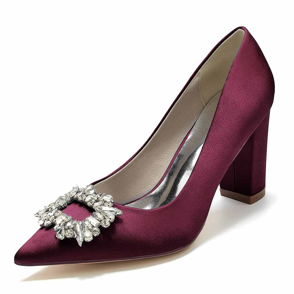 S&DCo. point toe satin wedding shoes in burgundy with a jeweled embellishment on the front