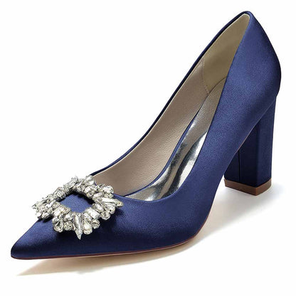 S&DCo. Blue Point Toe Satin Wedding Shoes with Elegant Rhinestone Embellishment