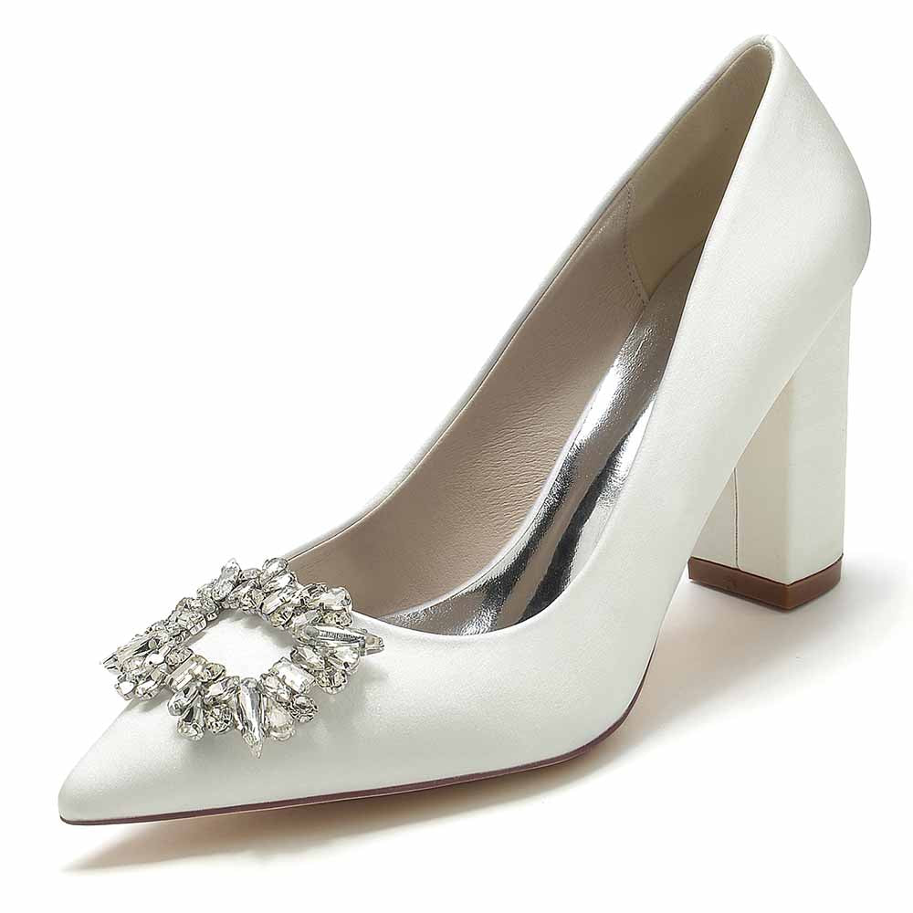 Elegant point toe satin wedding shoes by S&DCo with a decorative rhinestone buckle