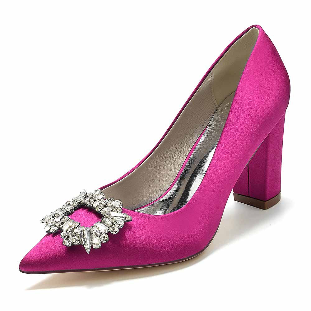S&DCo. point toe satin wedding shoes in vibrant pink with a jeweled buckle detail
