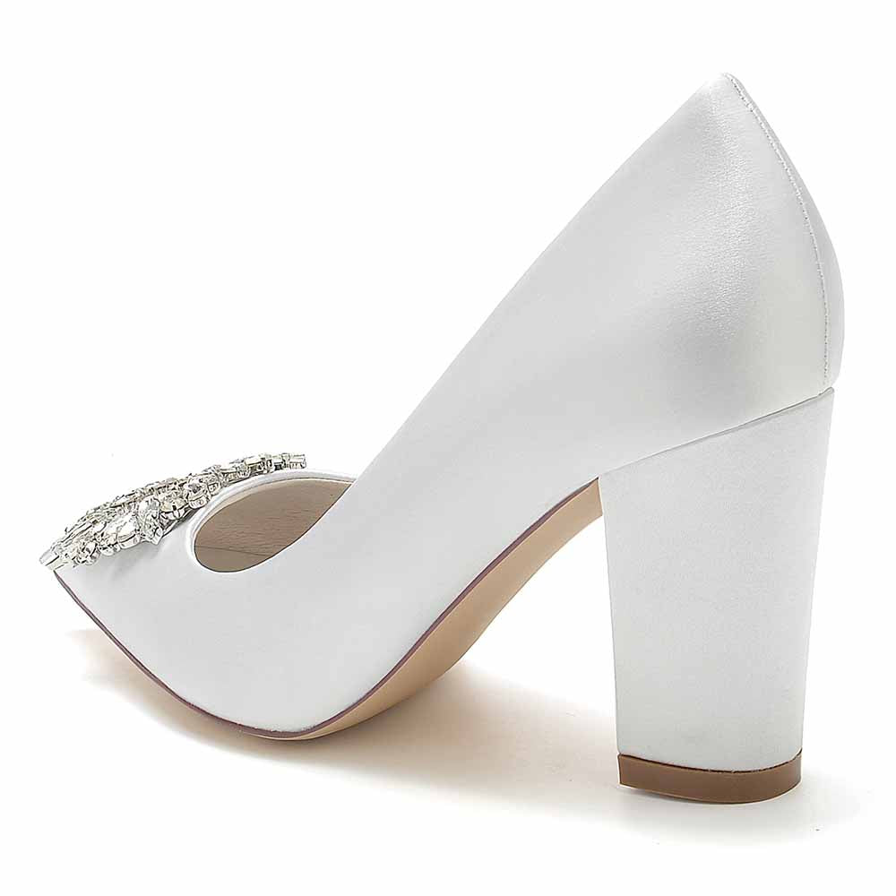 S&DCo. point toe satin wedding shoes with decorative detail and block heel for bridal elegance