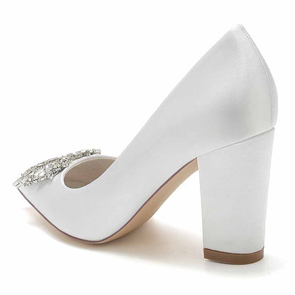 S&DCo. point toe satin wedding shoes with decorative detail and block heel for bridal elegance