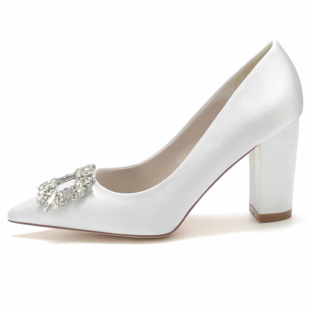 Elegant point toe satin wedding shoes with embellished detail for bridal elegance
