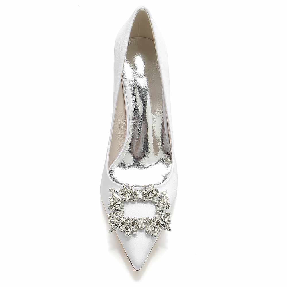 S&DCo. point toe satin wedding shoes with a sparkling jeweled embellishment for elegant bridal looks