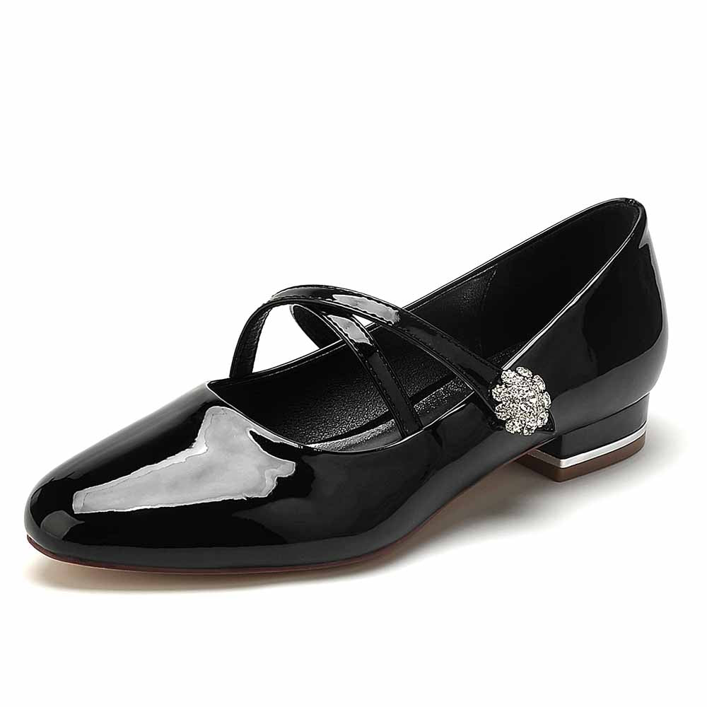 S&DCo. pointed toe patent leather low heels with cross straps and decorative embellishment